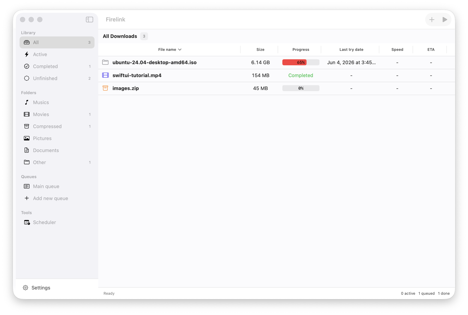 Firelink main window in light theme with sample downloads