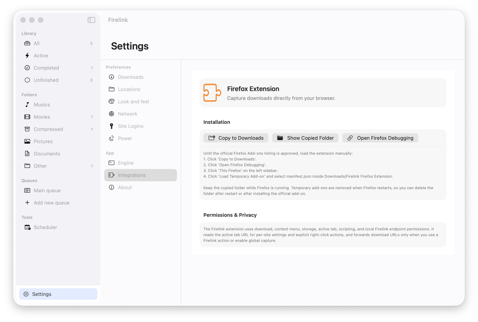 Firefox integration settings in light theme