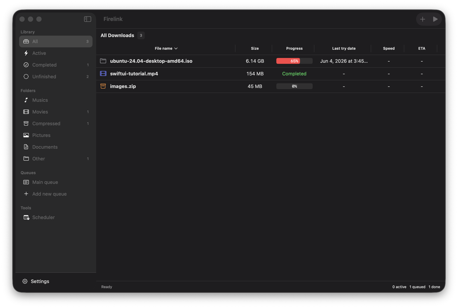 Firelink main window in light theme with sample downloads