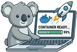 Um coala fofo sentado à frente de um laptop implantando um contêiner Docker para hospedagem própria