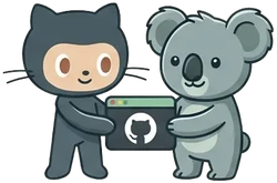 Um coala fofo segurando uma página de repositório do GitHub ao lado de Octocat, a mascotte do GitHub