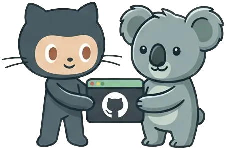 A cute koala holding a GitHub repository page next to the GitHub mascot Octocat