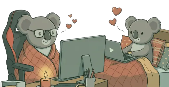 A cute koala couple watching together remotely; one is sitting at a PC and the other is in bed with a laptop, with flying hearts between them