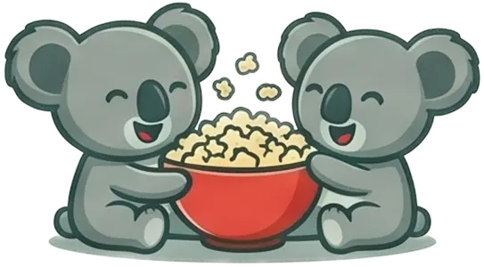 Two cute koalas sitting together and sharing a bucket of popcorn