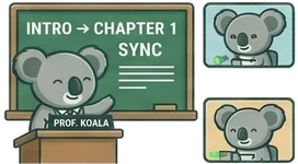 A koala professor presenting on a screen to two remote student koalas