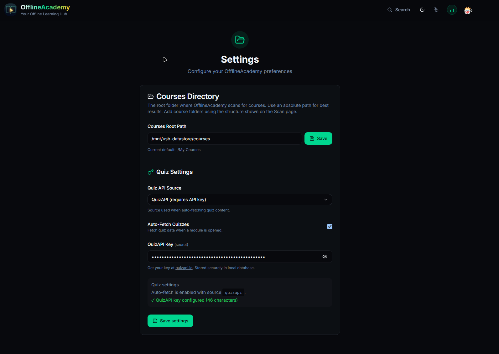 OfflineAcademy settings page